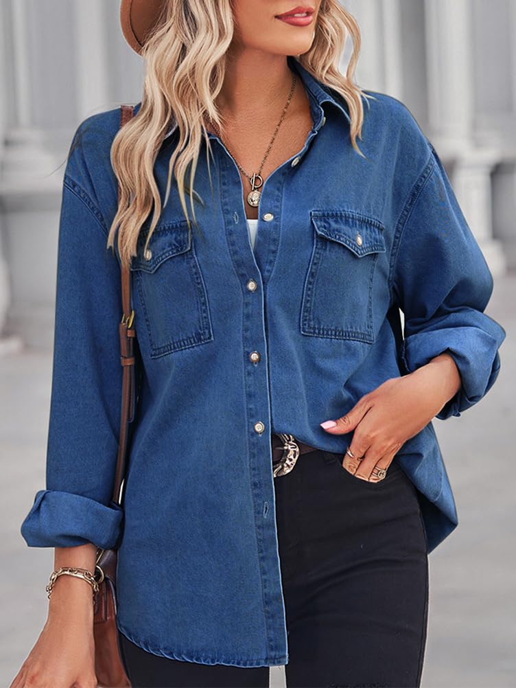 Chemise Jean Femme Manches Longues Blouson Veste Jeans Légèr avec Boutons Printemps Automne