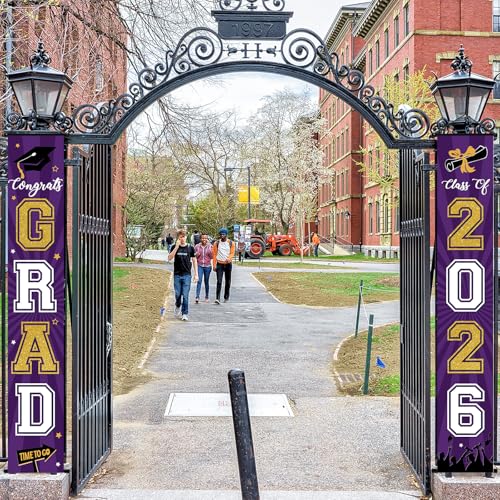 Image of Graduation Banner 2026 Graduation Decorations Purple and Gold Grad Banner Porch Sign Class of 2026 Door Decor Congrats Hanging Backdrop Gold Grad Party Decor for School Congratulations Supplies