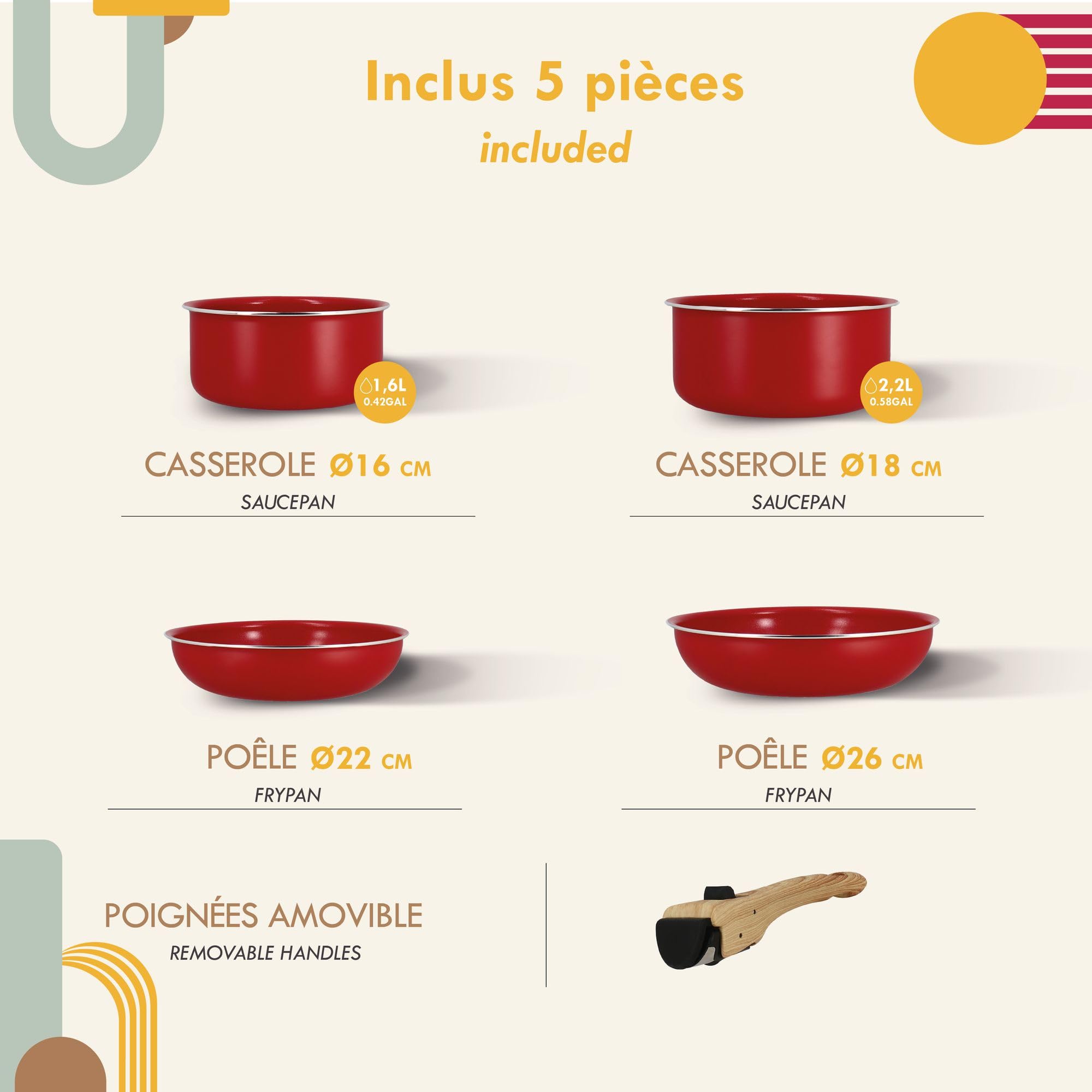 MENASTYL - Utensilios de cocina apilables extraíbles - Apto para todas las fuentes de calor, incluida la inducción, revestimiento cerámico antiadherente sin PFAS - Gama Colorama - Color magenta - 2