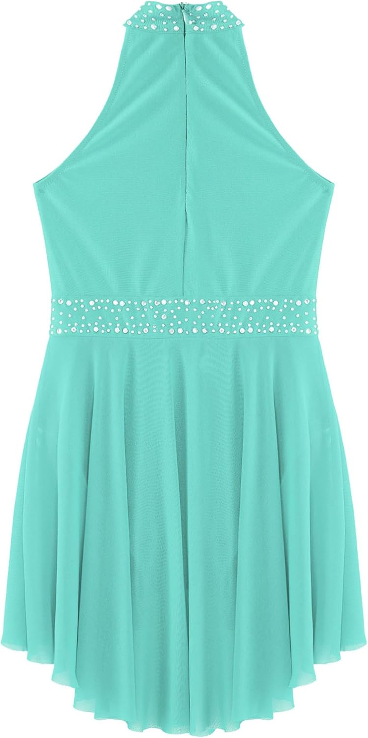 Kids Girls Sleeveless Halter Shiny Sequins Lyrical Dance Dress Ballet Leatard Figure Skating Dress