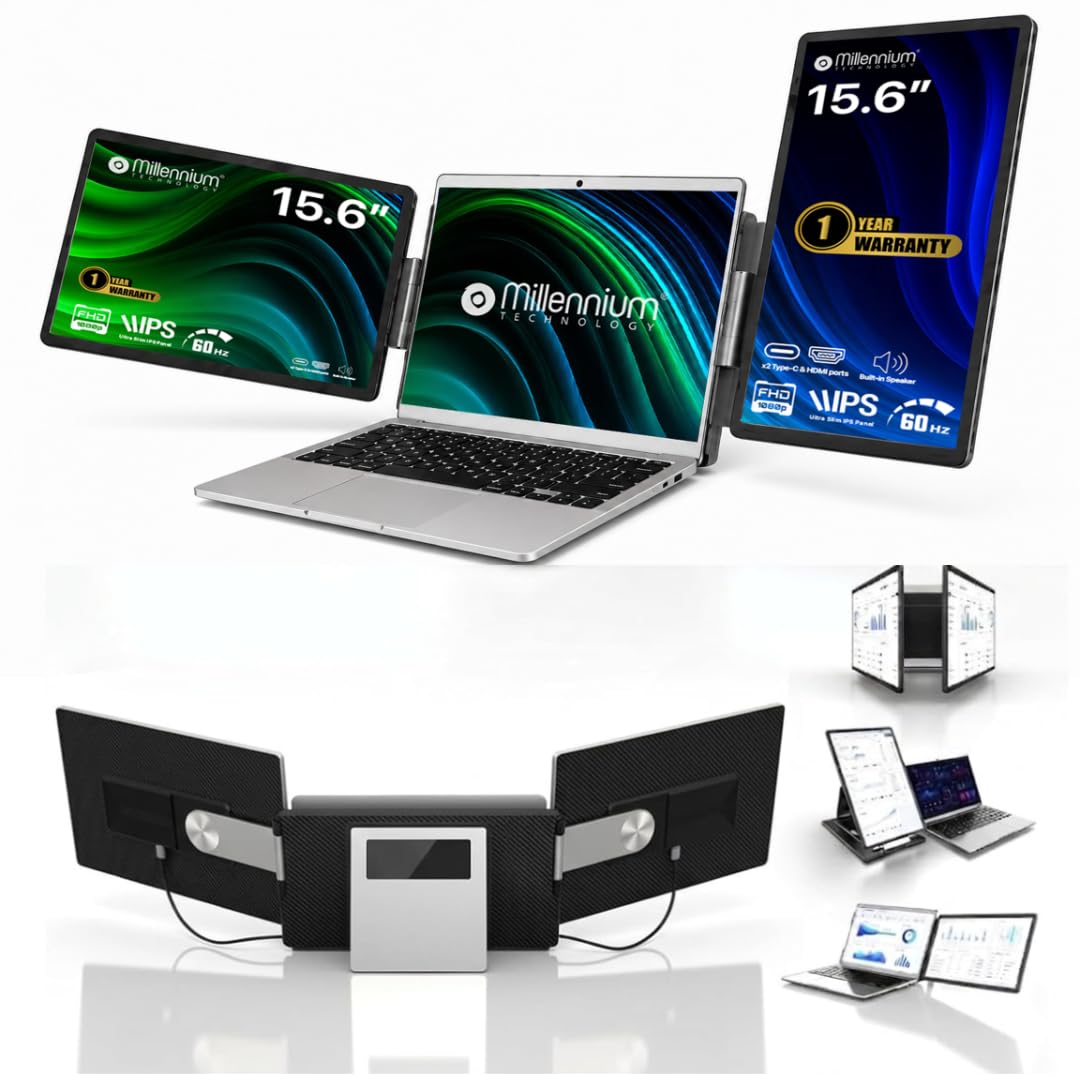 millennium technology 14.0" tri-screen portable foldable ultra thin 1.0kg dual monitor with single wire | 14.0 inch triple monitor compatible with windows & mac os | laptop screen extender
