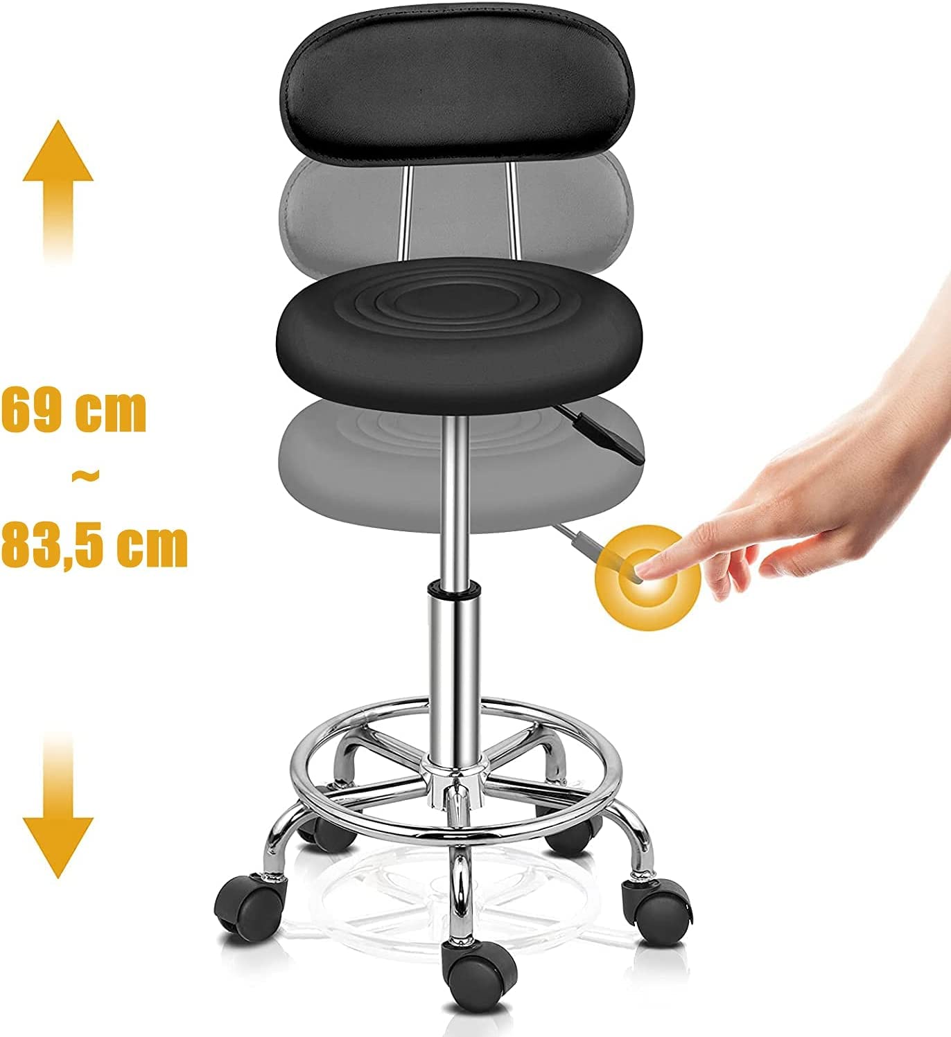 Ergonomischer Rollhocker mit Rückenlehne Arbeitshocker Drehhocker Rollhocker 360° drehbar Höhenverstellbarer 48-58cm für Büro Salon (Schwarz, 1)