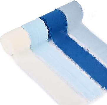 4 Rolls Handmade Cotton Frayed Fringe Ribbons 1-1/2 Inch x 7 Yards Ivory Blue Fringe Chiffon Silk Ribbons Decorative Craft Ribbon for Wedding Decor Invitations Flower Bouquets Gift Wrapping