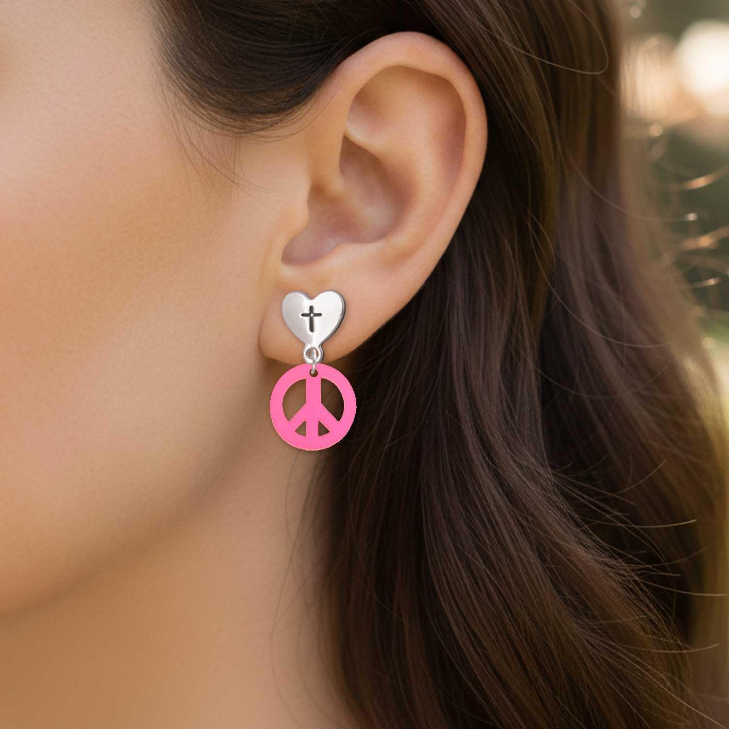 Delight Jewelry Acrylic Small Peace Sign Silvertone Cross in Heart Post Dangle Earrings