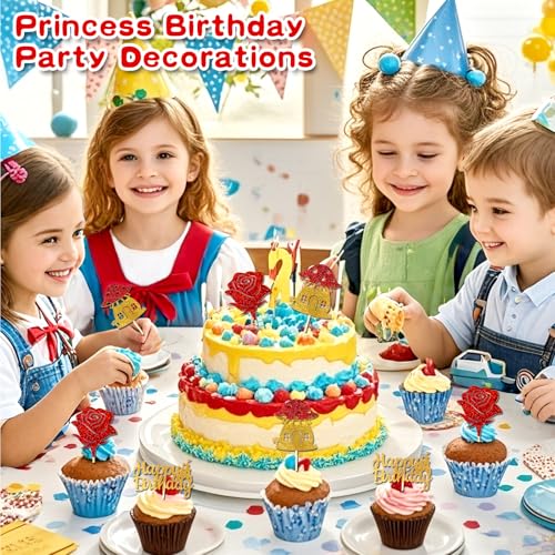 Wootkey 26Pcs Glitter Princess Cake Topper Set with Royal Blue Castle Happy Birthday Cake Toppers Red Rose Apple Cupcake Toppers for Princess Winter Wonderland Forest New Year Party Decor by Wootkey - Image 5