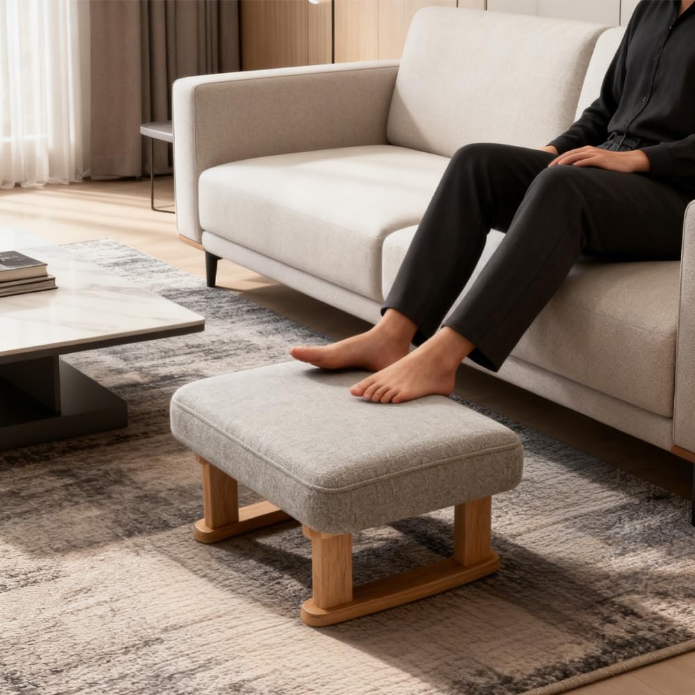Small Rectangle Fabric Footstool Ottoman - Soft Padded Foot Rest with Wooden Legs & Non-Slip Design, Modern Step Stool for Couch, Office, Living Room, Bedroom, Entryway & Dogs (Gray)