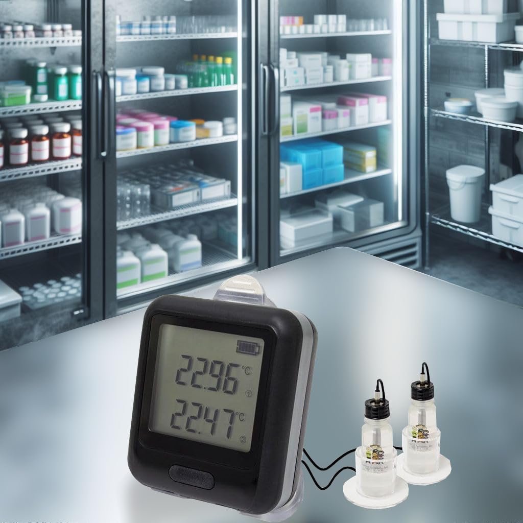 Lascar VFC 350 data logger positioned in front of commercial refrigerators or freezers, illustrating its application