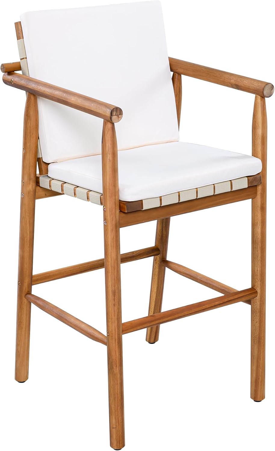 Outdoor Counter Height Bar Stools Chair Set of 2, Modern Patio Acacia Wooden Stools with Backrest Arm and Webbing Seat, for Patio, Pool, Garden, Beige Cushions Included