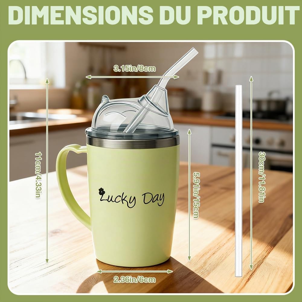 Gobelet anti-déversement 3 en 1 pour adulte HOVCEH, 350 ml, avec couvercle et paille de 30 cm, avec poignée, gobelet en acier