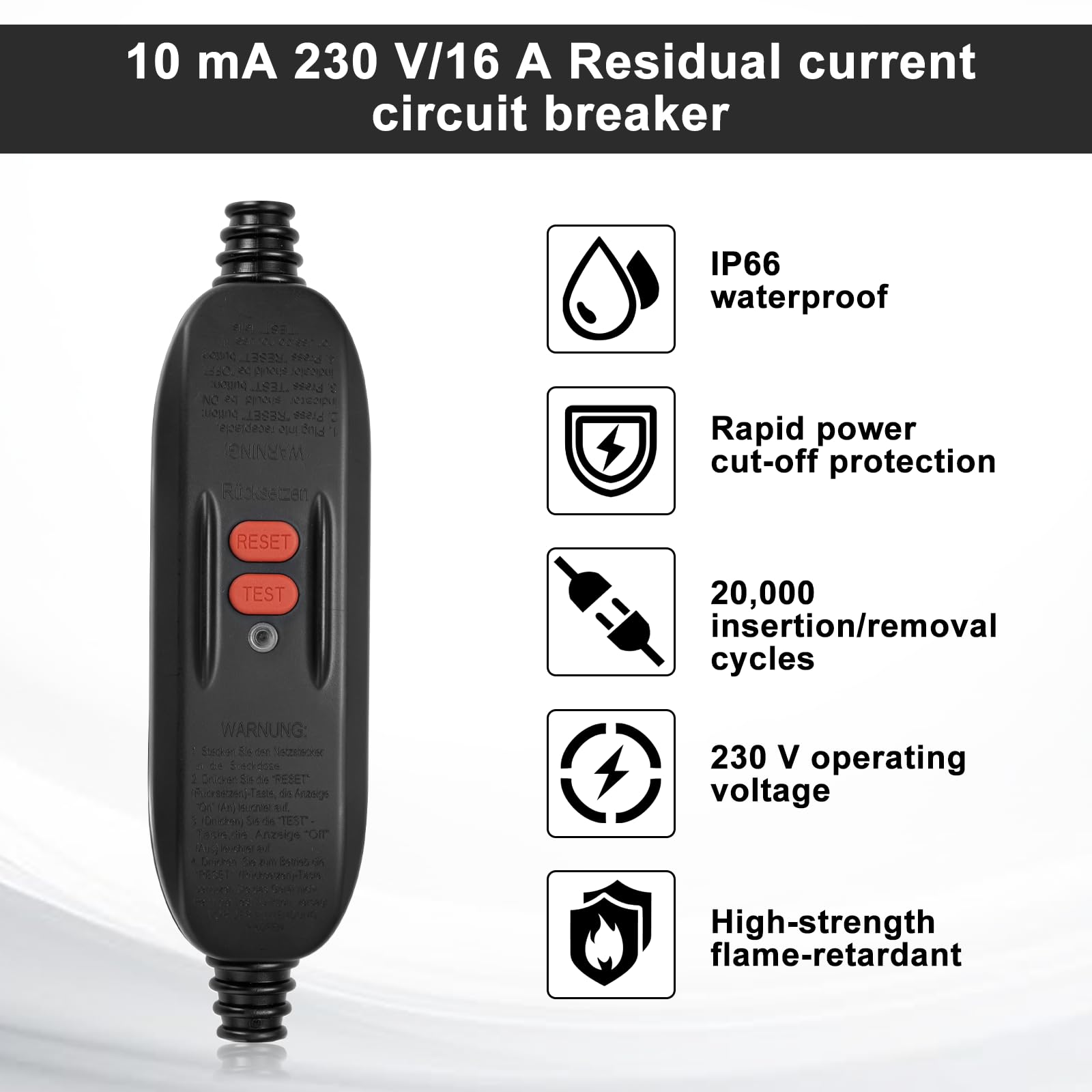 PRCD FI Schutzschalter 10 mA 230V/16A,Personenschutz Zwischenstecker IP66, Fehlerstromschutzschalter für Außenbereich, Kabelanschluss beidseitig