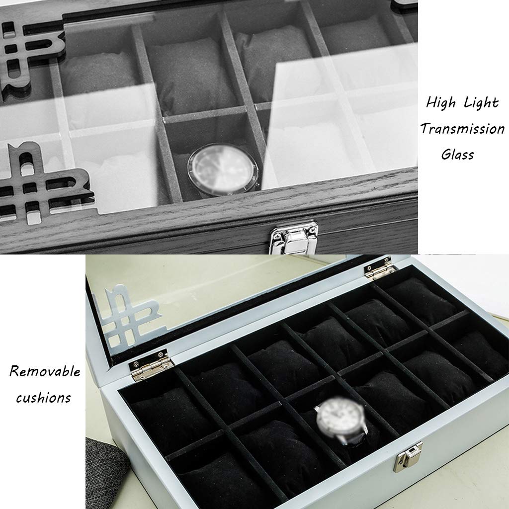 MUSUMI Caja de reloj de Madera con tapa de vidrio,caja de almacenamiento de joyería de lujo para 12 relojes,organizador de gemelos con almohada de almacenamiento extraíble y Hebilla de Metal