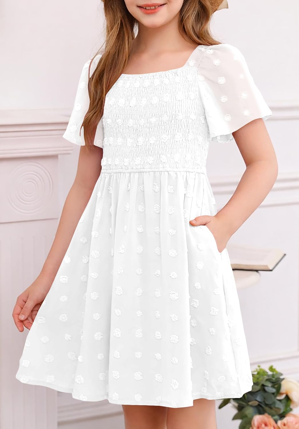 HOSIKA Girls Short Sleeve Dress Boho Swiss Dot Square Neck Smocked Summer Dresses with Pockets 6-12 Years