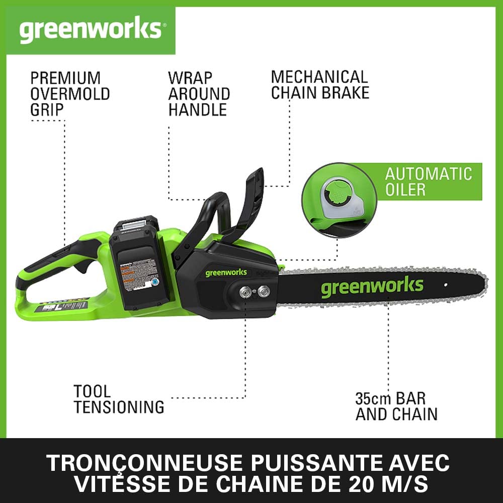 Greenworks 48V (24V x 2) Tronçonneuse à Batterie Moteur Sans Balais, Longueur des barres 35cm, Vitesse 20 m/s, Graisseur Automatique, 2 Batteries 24V 4Ah et Chargeur Double, Garantie 3 An