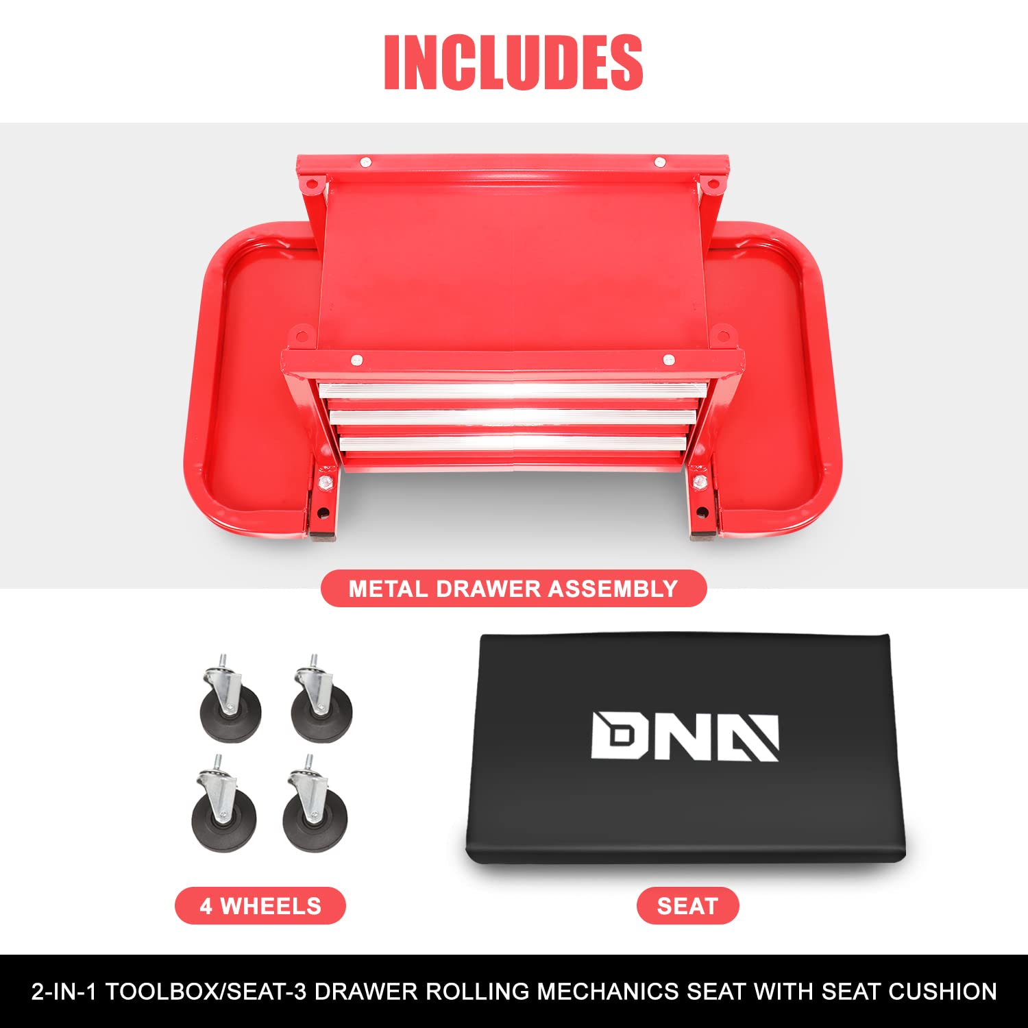 DNA MOTORING TOOLS-00261 Mechanikersitz mit 3 Schubladen, Rollstuhl mit Werkzeugablagen, max. Tragkraft 158,8 kg, Metall, Rot/Ausflug, einfarbig (Getaway Solids)