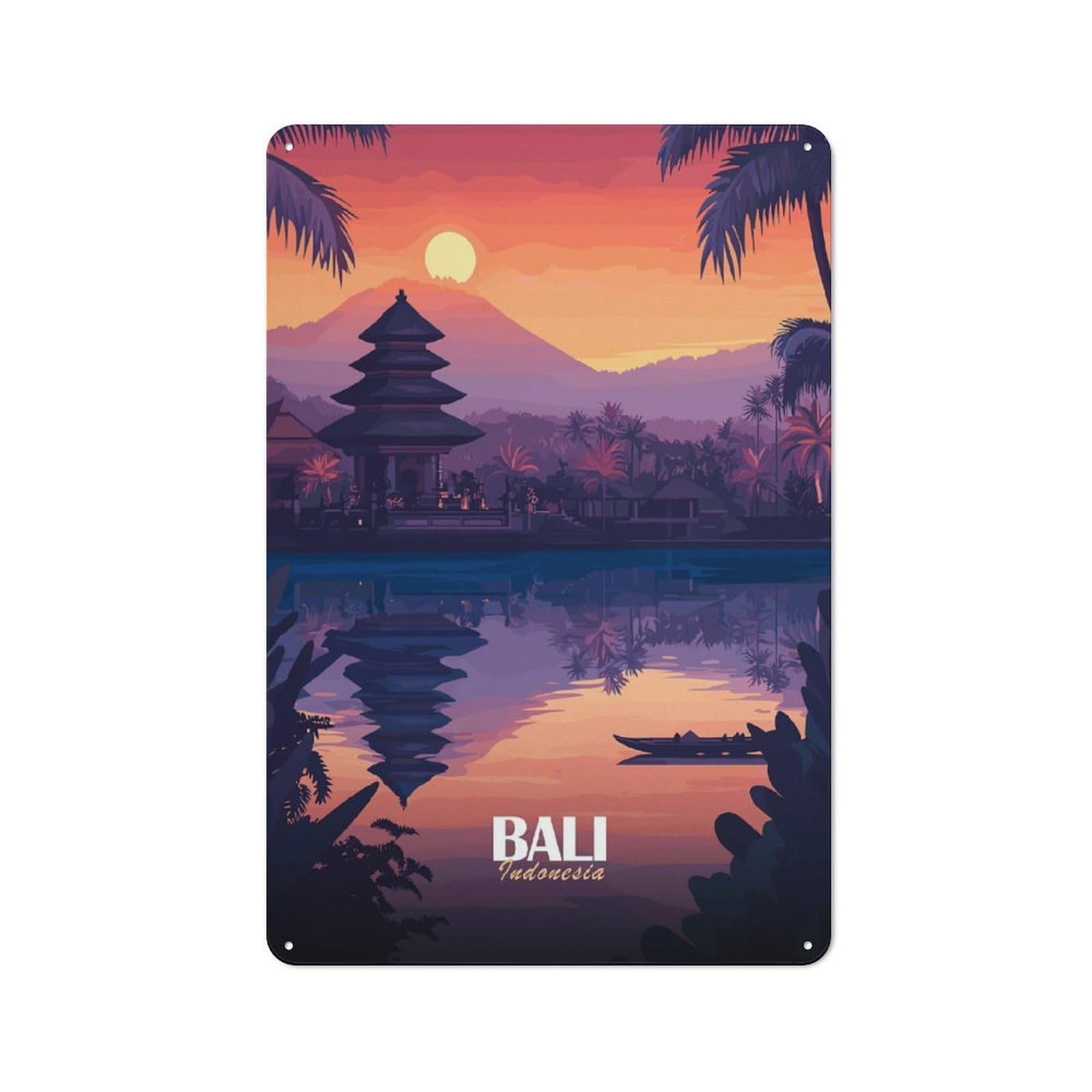Junmoney Style-20 Bali, Indonesia Sunset Illustration Printed Metal Sign 30X20cm For Dining Room Or Kitchen, For Kitchen Wall Decor Lovers