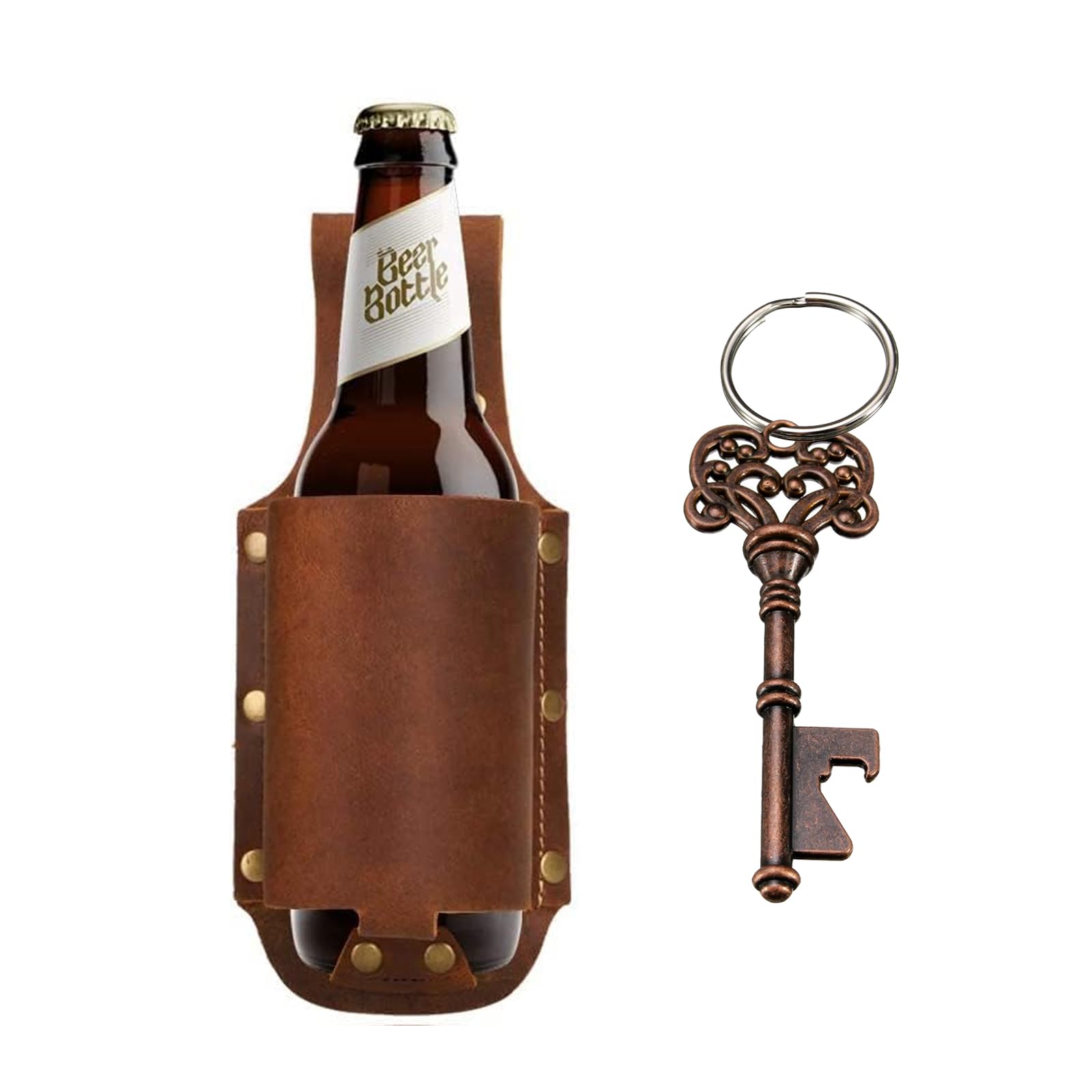 Beer Holster, Beer Holster for Men with Beer Bottle Opener Keychain Skeleton Key Crazy Horse Skin Beer Holster Bottle Holders,Men's Beer Gift,Parties, Barbecues,Camping Beer Accessories (Brown#1)