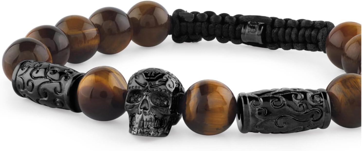 Philipp Plein Mens Grey Plein Elite Tiger Eye Beads Bracelet
