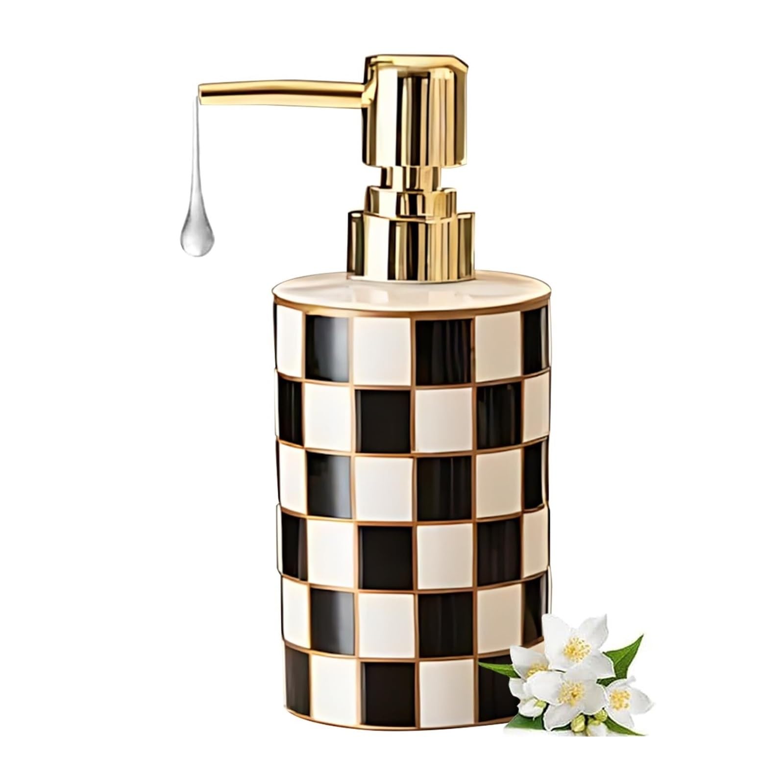 Yuue Black Empty Barthroom And Dish Ceramic Hand Soap Dispenser Retro Checkerboard Dish Decor For Counter(Black)