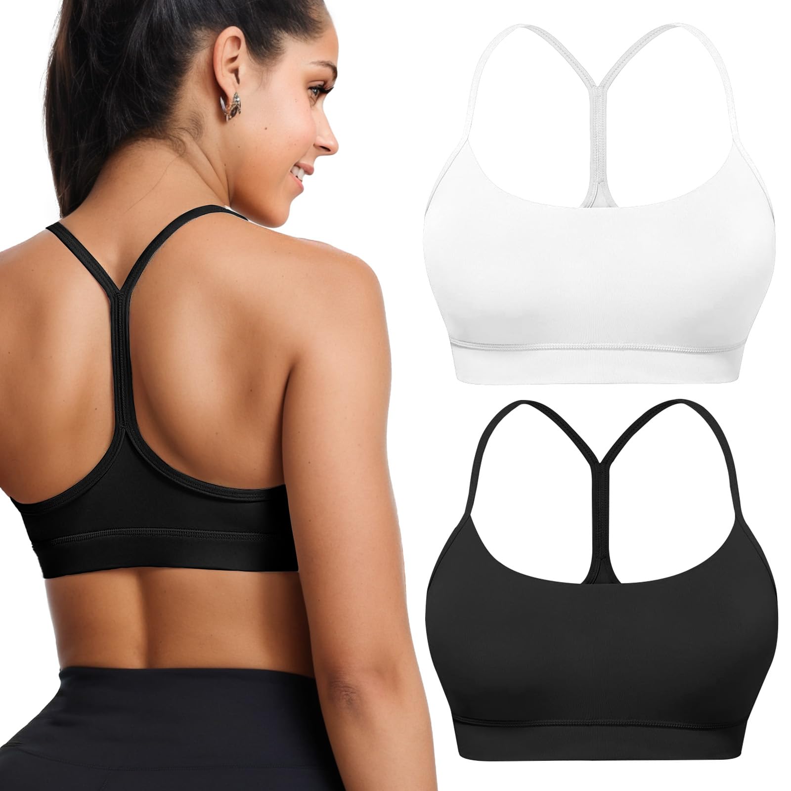 Buauty 2 Packs Y Back Sports Bra for Women Low Impact Padded Racerback Spaghetti Strap Bras Workout Yoga