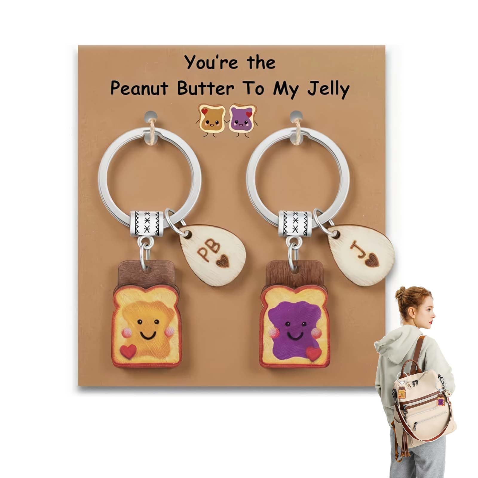2Pack New Job Gifts for Women,Good Luck Leaving Retirement Gifts for Colleagues Teacher – Cute Toast Keychain Wooden Keyring with Peanut Butter Bread Slice Pendant,Congratulations Farewell Going Away