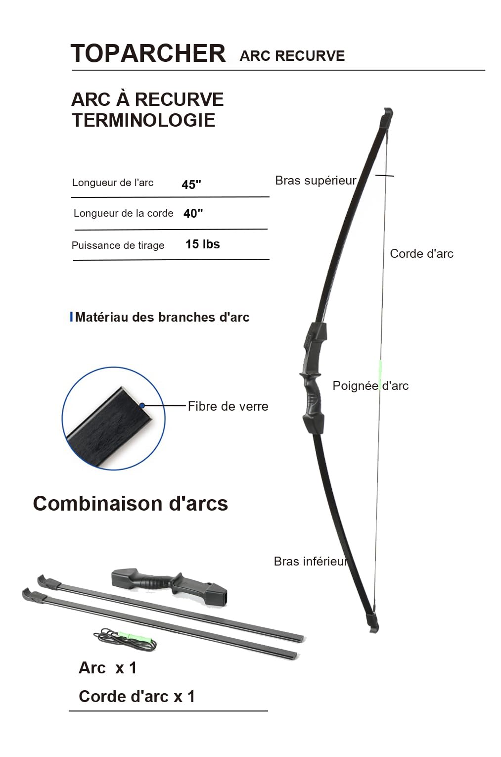 Arc et flèche Ensemble Takedown Arc recurve et 12pcs flèches en Fibre de Verre pour la Chasse Junior débutant Main Gauche et Droite 15lbs