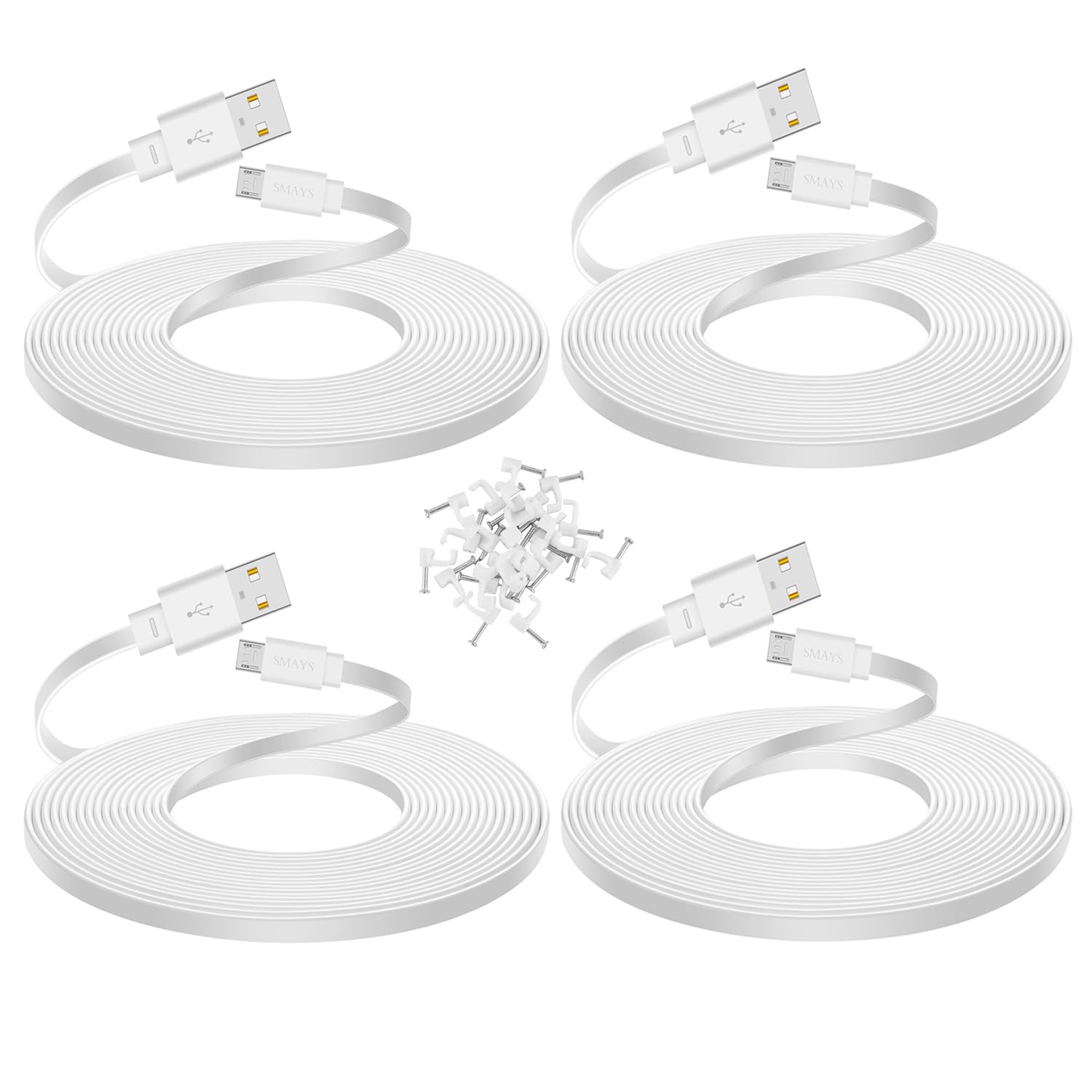 Smays 4-Pack 25 ft Extension Cable for WYZE Cam v4, WYZE Cam v3 and v3 Pro Camera, Long Flat Micro USB Cord, White