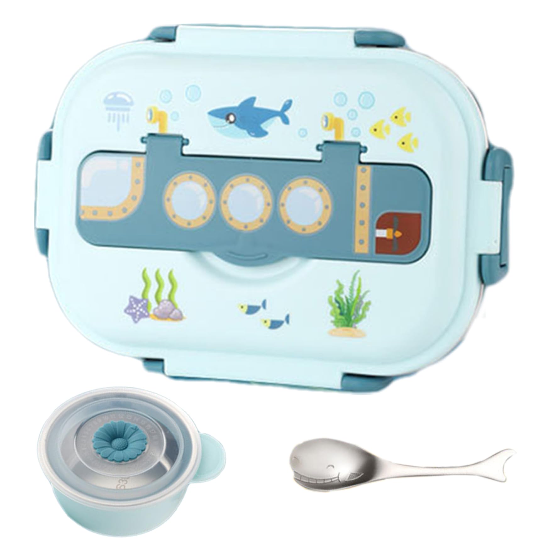 Boîte à lunch pour enfants 3 compartiments isotherme inox carrée bleu avec cuillère