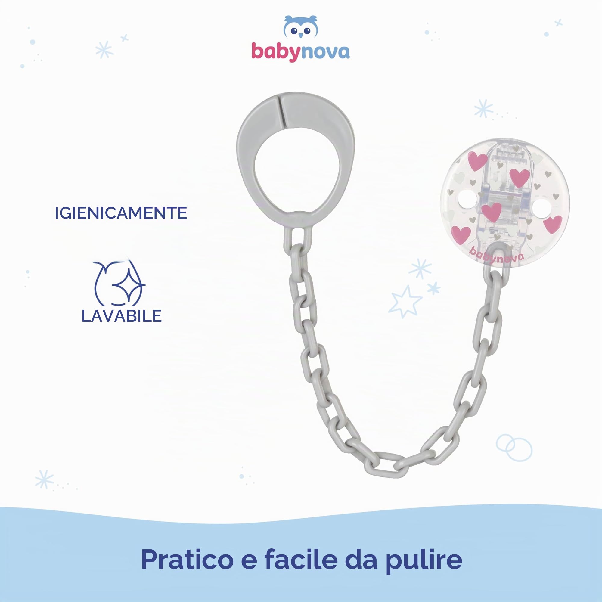 Babynova Catena per Ciuccio con Clip e Anello – Portaciuccio per Bambini – Compatibile con Ciuccio – Accessorio per Passeggino – Senza BPA – Cuori rosa