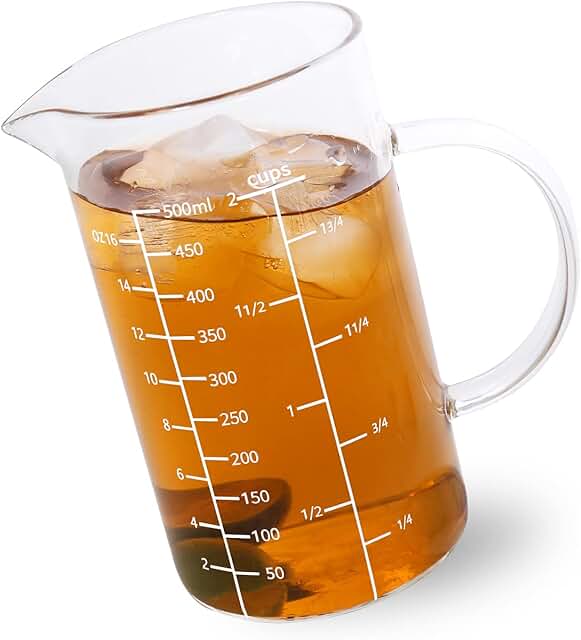 Newness Glass Measuring Cup with Handle, 500 ML (0.5 Liter, 2 Cup) Measuring Cup with Three Scales (OZ, Cup, ML/CC) and V-...