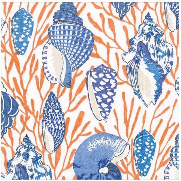 Caspari Shell Toile Paper Cocktail Napkins in Coral & Blue
