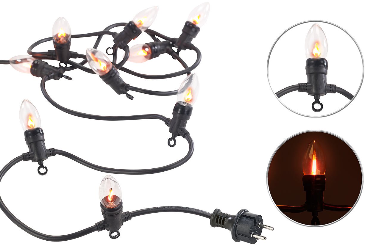 Lunartec Lagerfeuer Lichterkette: 2er-Set Deko-Lichterketten, 10 Glühbirnen in Flammen-Optik, IP44, 4,2m (LED Lichterkette Flammeneffekt, Flammeneffekt außen, Band)