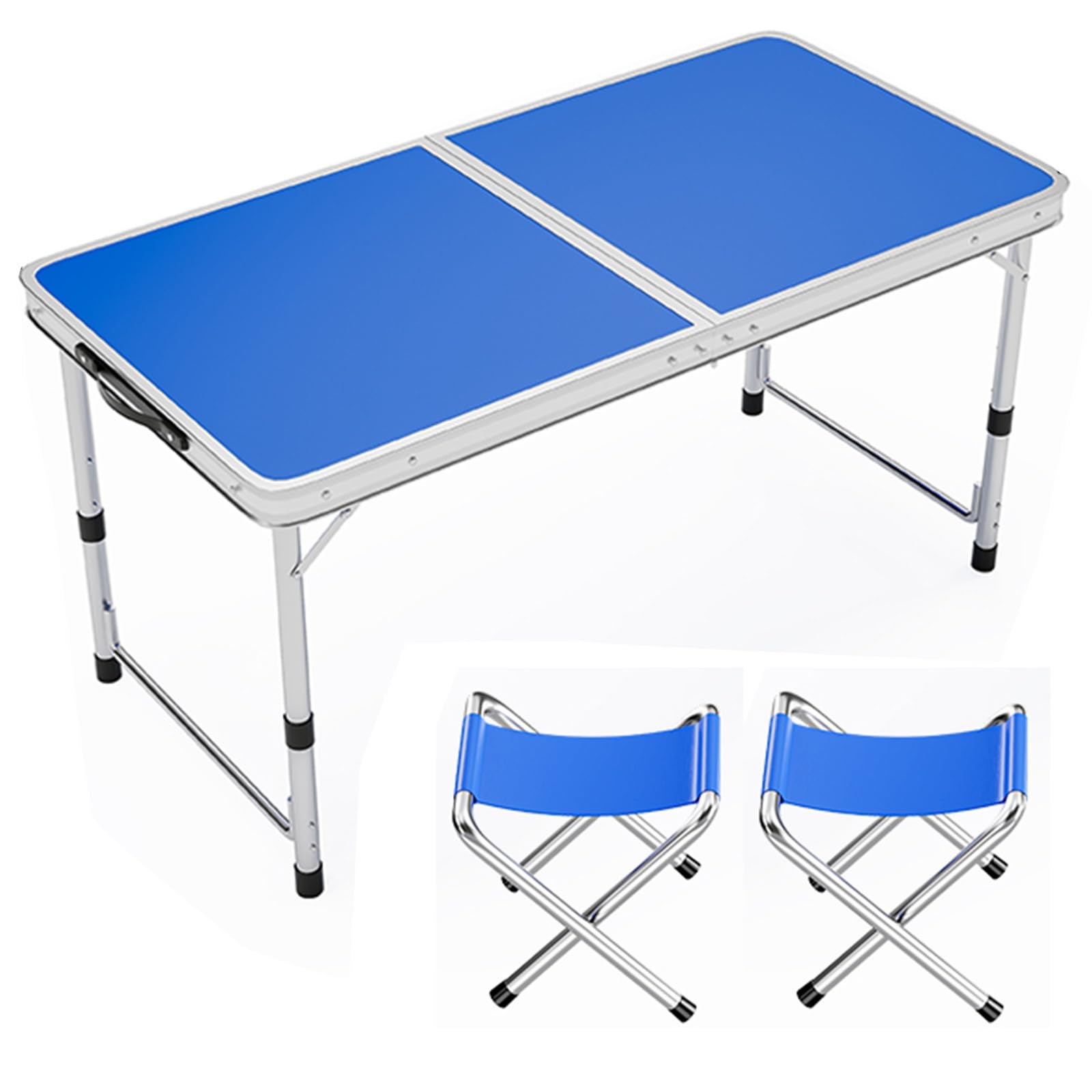 Regulowana wysokość przenośny aluminiowy składany stół na kemping biuro przyjęcie piknik i ślub - niebieski 120 x 60 cm + 2 taborety - lekkie rozwiązanie do jadalni na zewnątrz