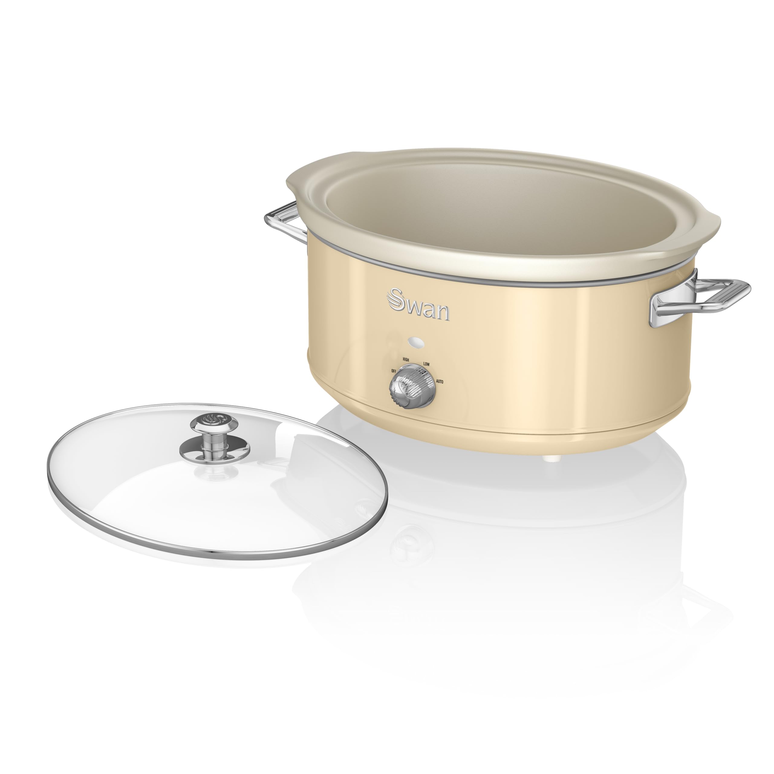 Swan Retro SF17031CN Olla Cocción Lenta 6,5L Recipiente Extraíble, Antiadherente Cerámica libre PFOA y PTFE, 3 Niveles Temperatura, Tapa Vidrio, Slow Cooker, Diseño Vintage, Crema, 320W