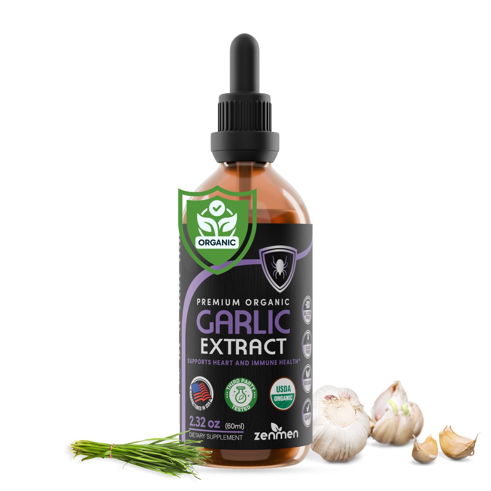 Zenmen Organic Garlic Cloves Extract (Odorless Tincture) - Immune Support, Source of Antioxidants - 2.32 oz / 60ml, Vegan, Manufactured in The USA