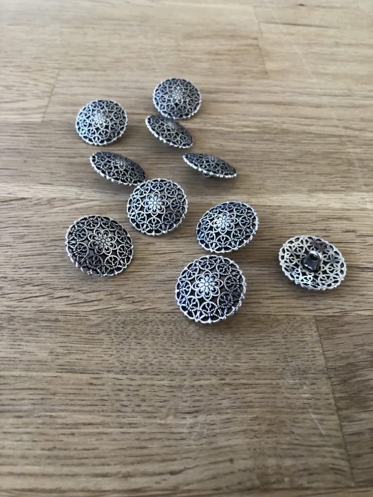 Silver Antique Delicate Patterned Metal Buttons with Eyelet 15 mm or 23 mm (Pack of 10) (15 mm) - Image 4