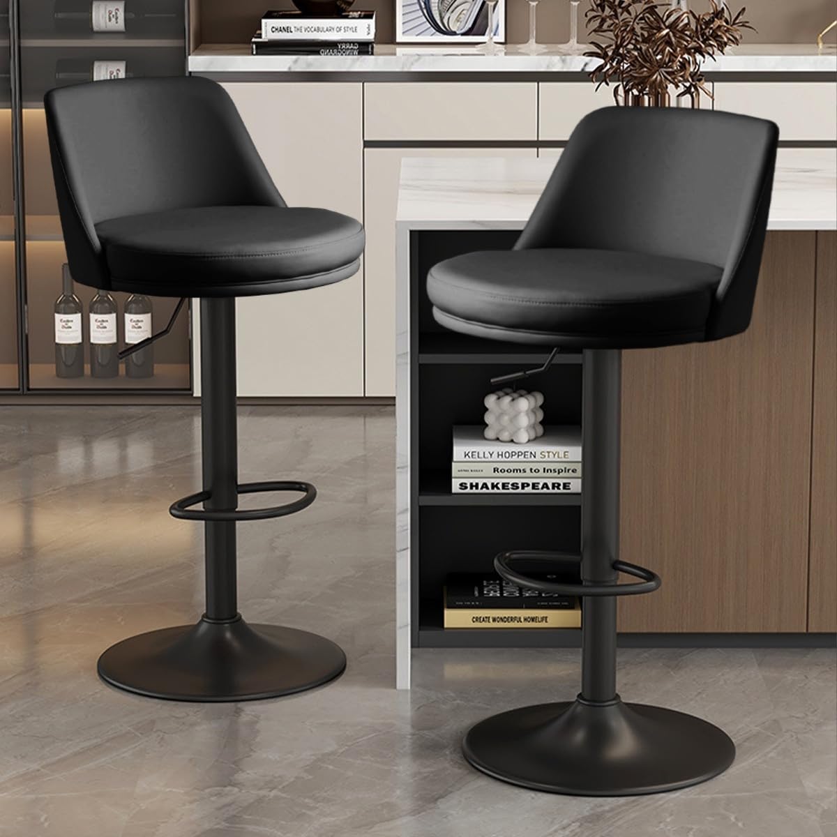Bar Stools Adjustable Swivel Bar Stools Kitchen, Restaurant.Set of 2, Black Faux Leather Black Set (2)-image-34