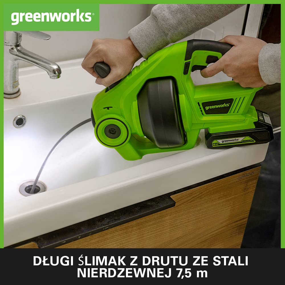 Greenworks G24DA Akumulatorowy Przepychacz do Rur 550 obr./min, Prześwit na Rurę 2,5-5 cm, Ślimak ze Stali Nierdzewnej 7,5 m BEZ Baterii 24V i Ładowarki