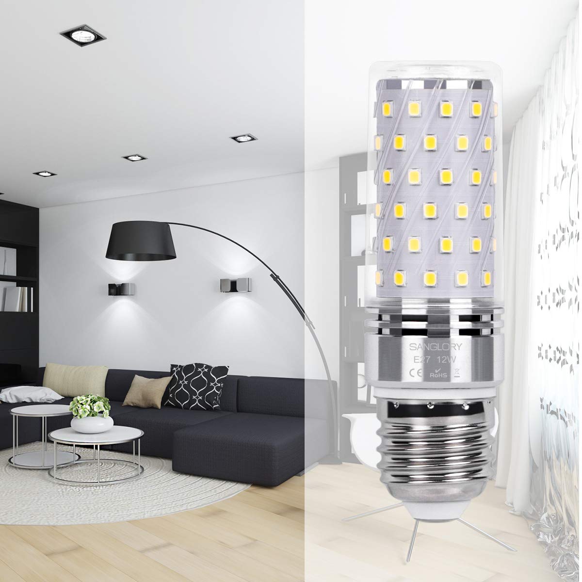 SanGlory Lampadina LED E27 Luce Fredda, 12W equivalente a 100W Lampada Alogena, Lampadine Mais E27 6000K, Risparmio Energetico, Non Dimmerabile, Nessun Sfarfallio, Pacco da 4