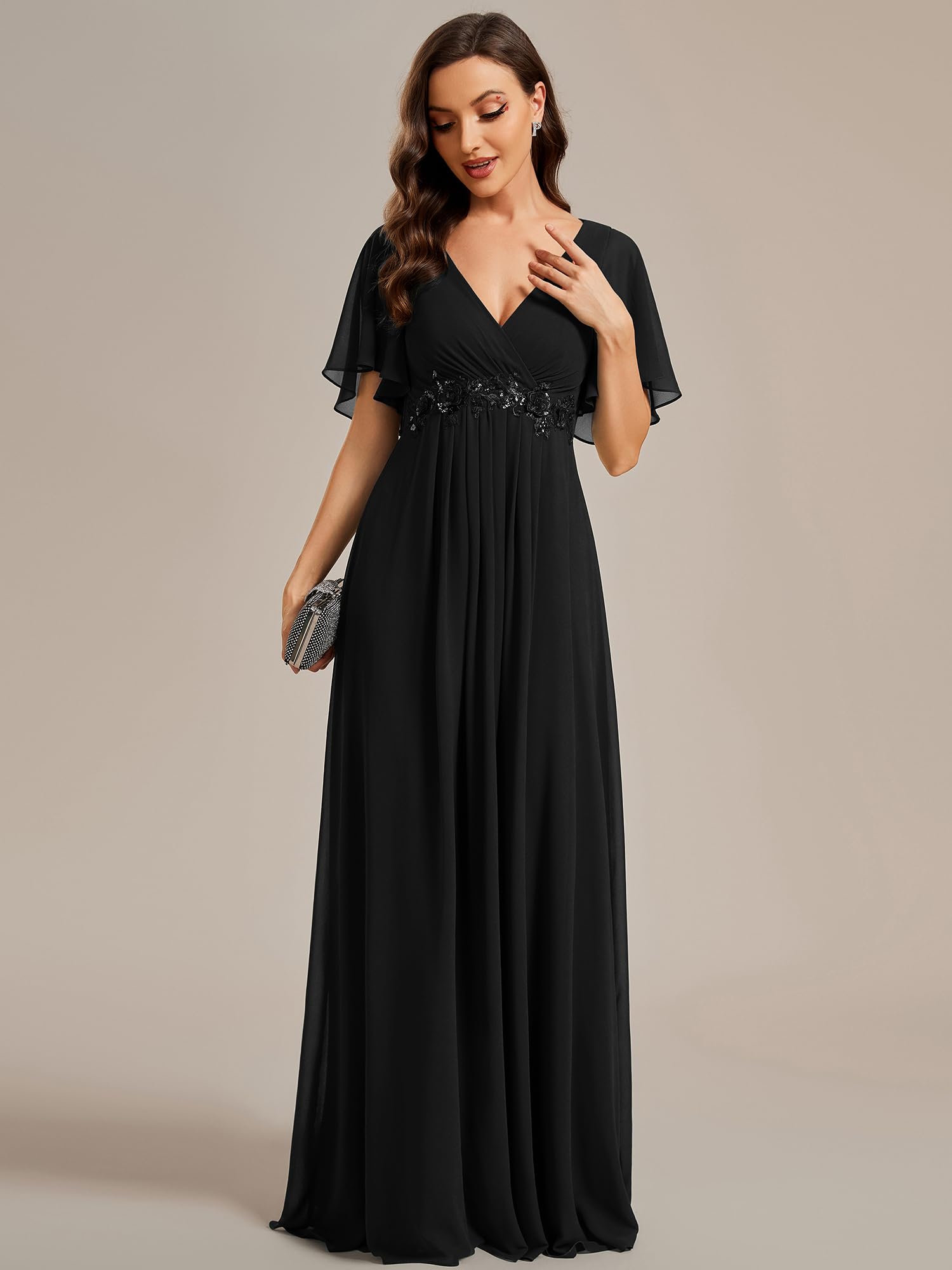 Ever-Pretty Vestito Donna Elegante Scollo a V Maniche a Volant Stile Lungo Abito Cerimonia Donna EE01960