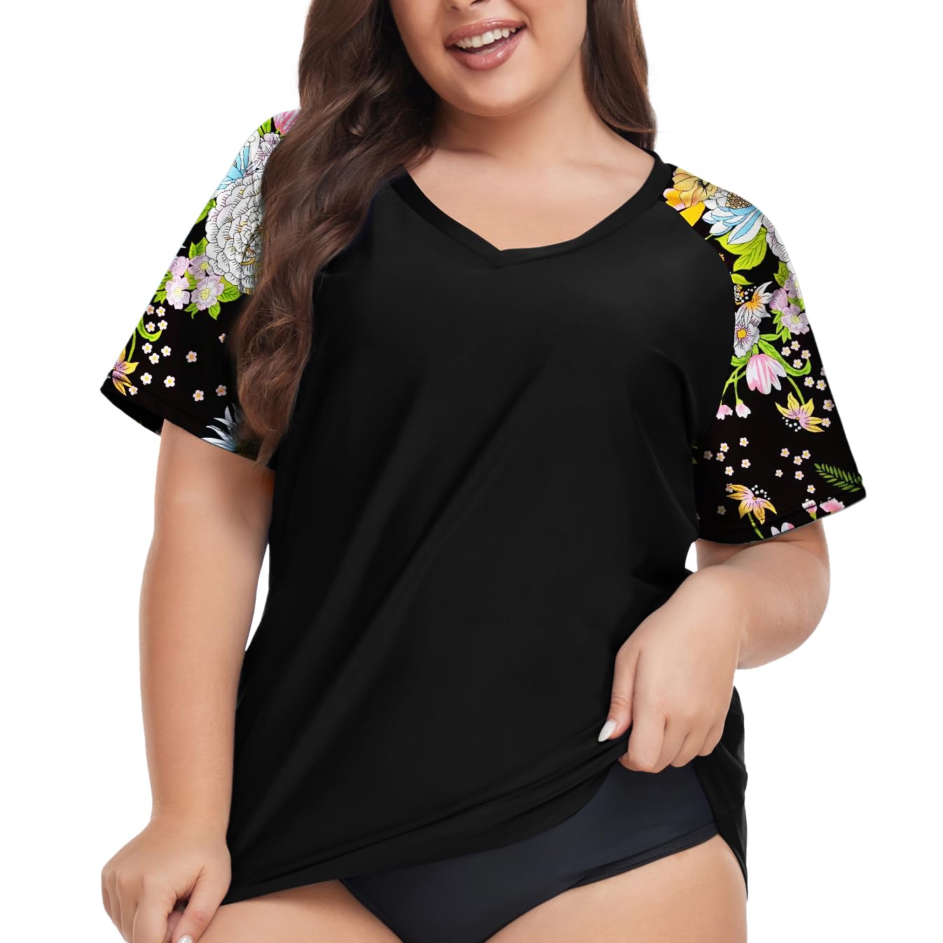 FOREYOND Plus Size Rash Guard Shirt for Women Short Sleeve Swim Top UV UPF 50+ Sun Protection Summer Swim Shirts Swim Suit