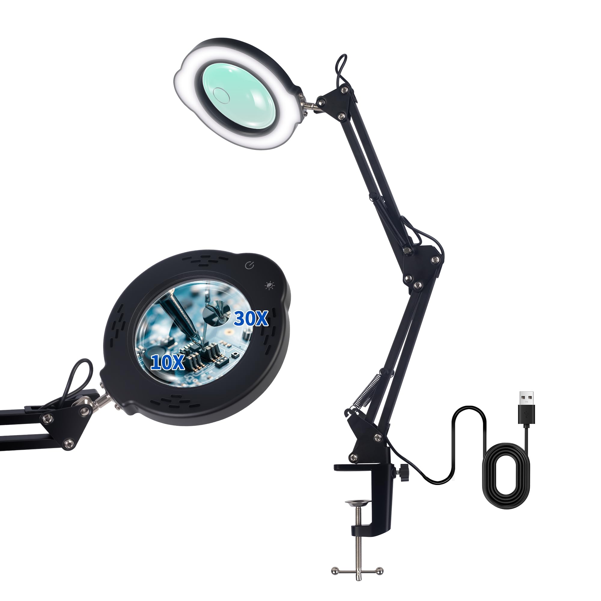 30X/10X Doppellinsen-Lupe mit Licht, 5 Farbmodi, 2-in-1 Lupen-Schreibtischlampe für Basteln, Malen, Nähen und Präzisionsarbeiten (ohne Netzteil)