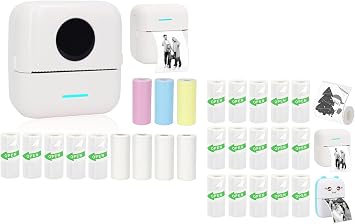 Mini Portable Printer Set with 12 Rolls Printing Paper + 15 Rolls Thermal Sticker Paper Set, White