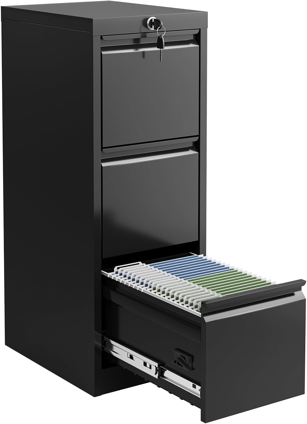 3-Drawer Locking File Cabinet for Home Office, Black Metal Vertical Filing Cabinet with Anti-Tilt Security, Silent Slides, Fits Letter/A4/Legal Folders, Easy Assembly