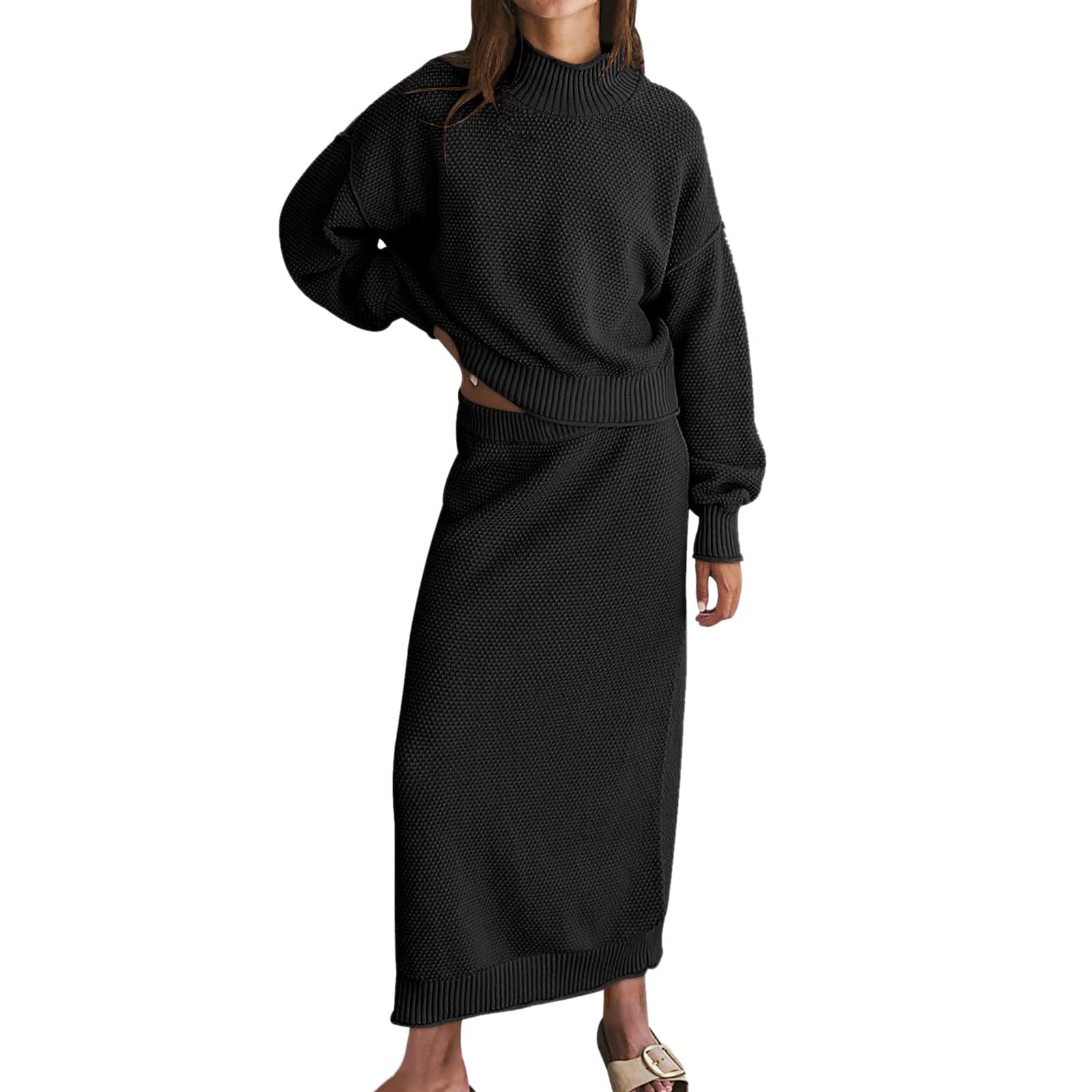 Set di gonna maglione da donna in 2 pezzi, di maglione a maniche lunghe con collo a lupetto, set di gonna lunga maxi in maglia