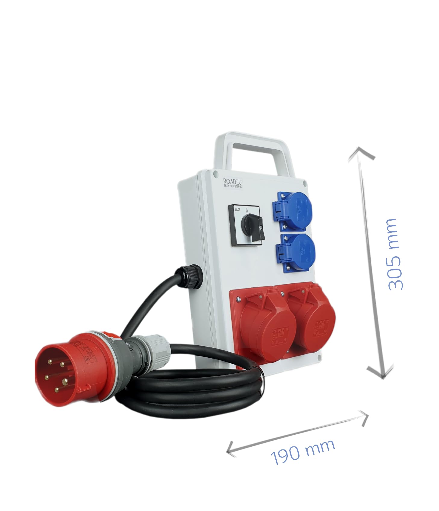RoadEu - Portátil Distribuidor de corriente 16A con interruptor principal 0-1. 2x enchufes CEE 16A - con 2x enchufes Schuko de 230V. Regleta 1m. IP44 Ideal para Taller, Cobertizo y Fábricas