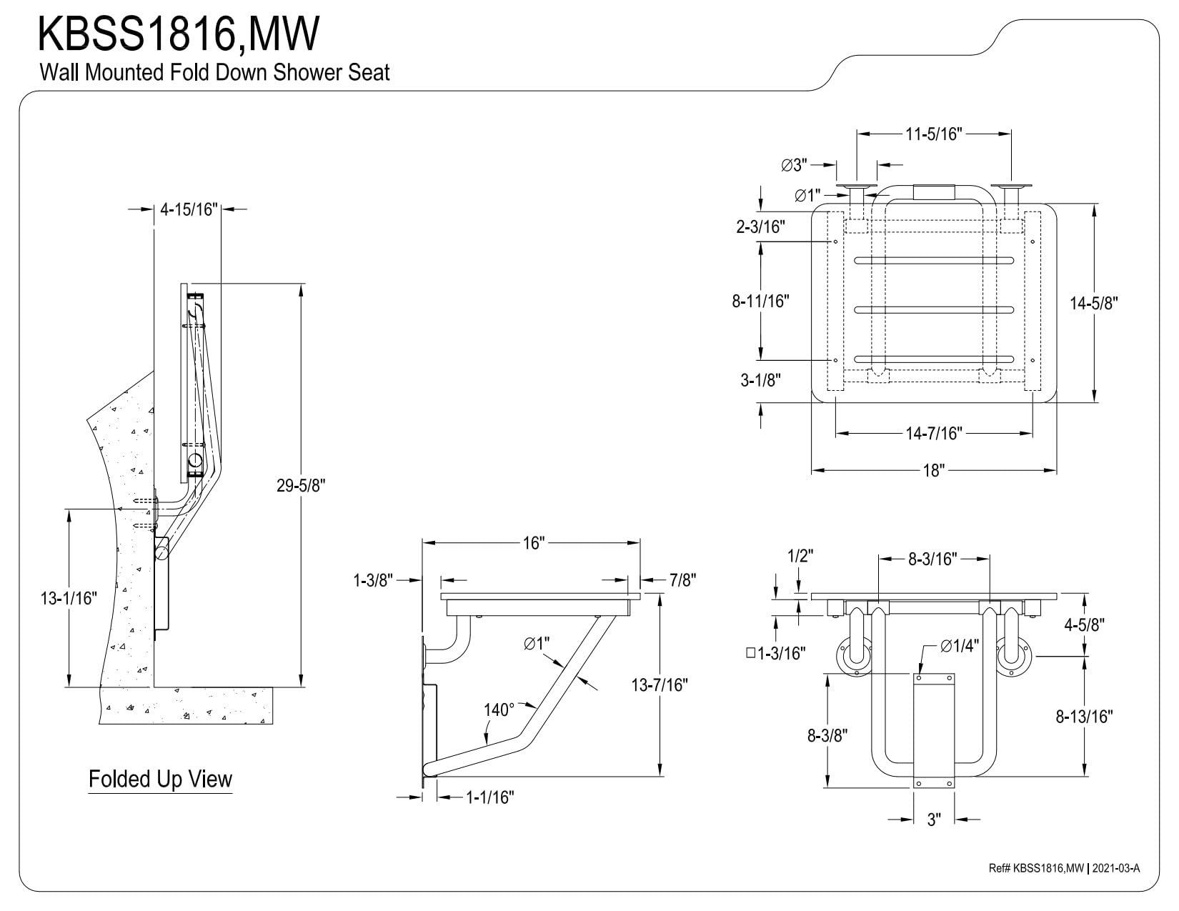 Kingston Brass KBSS1816 Adascape - Asiento de ducha plegable para montaje en pared, acero inoxidable cepillado