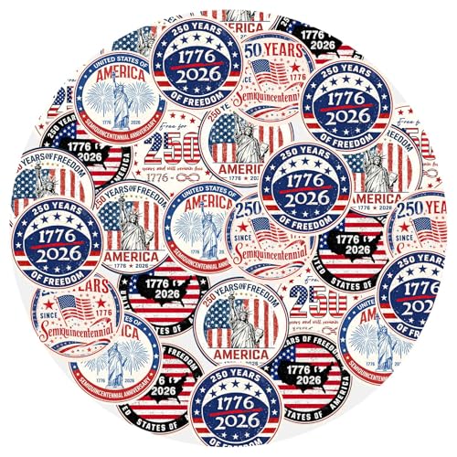 250th America Anniversary Stickers 120 Pack Patriotic Round Seals with 6 Designs 17762026 Keepsake Labels for Envelopes School & Community Events 1.6 Inch