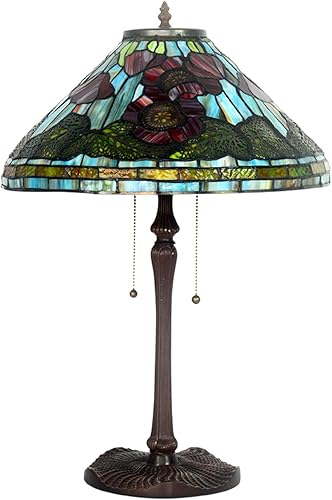 Miniatura 3 de HT Lámpara de mesa estilo Tiffany de 16 pulgadas de ancho, diseño de flor de amapola, pantalla de vitral, 2 luces, aleación de zinc, base antigua,