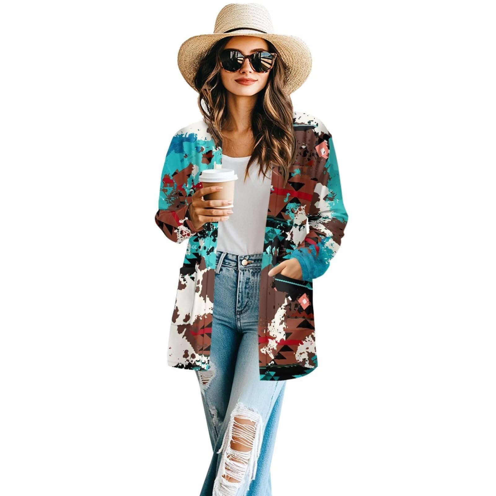 Women's Aztec Open-Front Jacket Lightweight Casual Outerwear Native Western Aztec Pattern &amp; Plaid Houndstooth Print