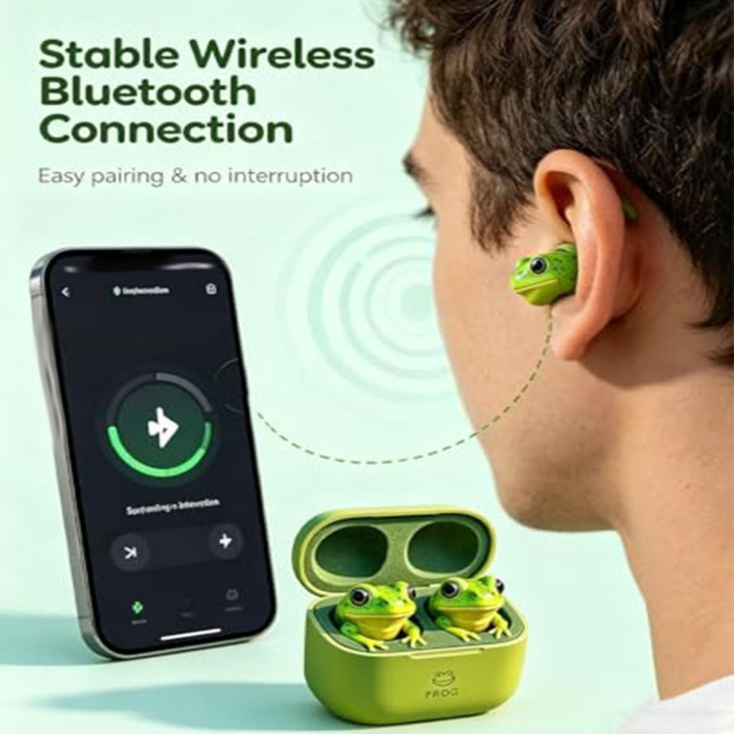 Frog Earbuds, Cute Animal Shaped Bluetooth Earbuds with Charging Case, Wireless in Ear Headphones with Deep Bass, Stylish & Comfortable, Gift for Kids and Adults(C)